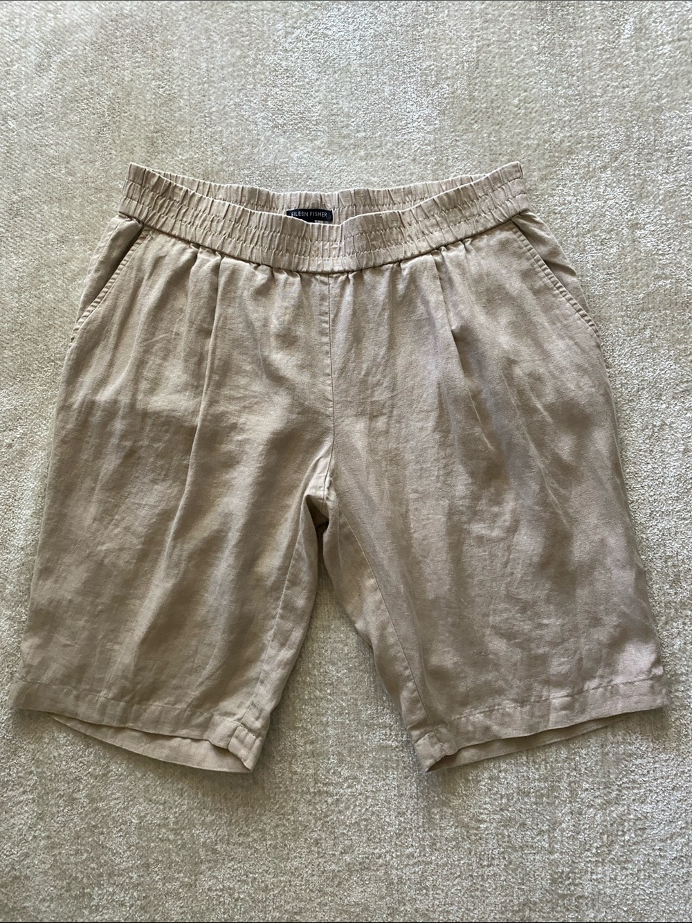 Eileen Fisher Women’s 100% Organic Linen Elastic Waist Shorts in Sand Size 14